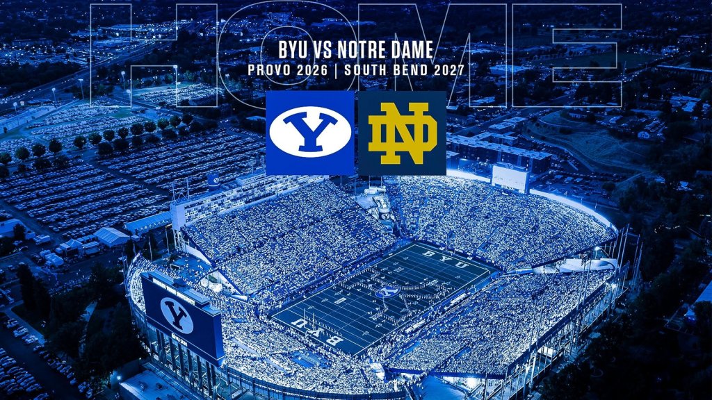 BYU vs Notre Dame home game graphic over an aerial night view of LaVell Edwards Stadium