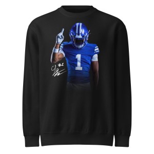 Legend Glasker Game Day crewneck in black, front: full-colour photo of Glasker in BYU blues with signature and #1
