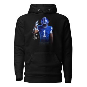 Legend Glasker Game Day hoodie in black, front: full-colour photo of Glasker in BYU blues with signature and #1